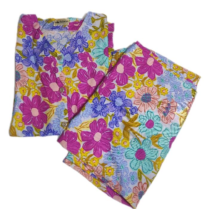 Setelan Wanita Celana Kulot Rayon Premium Motif Bunga Warna-warni untuk Keseharian
