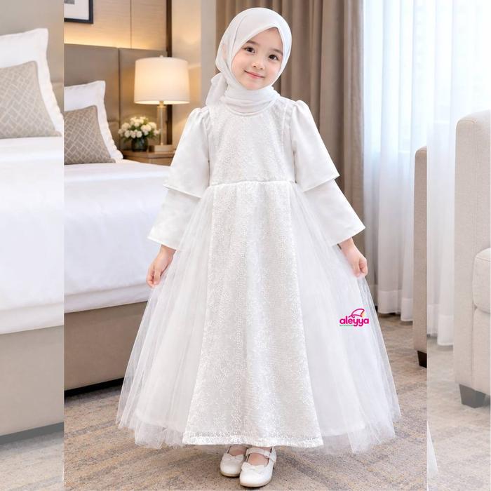 Baju Gaun Anak Muslim Princes  Tsabita Gamis Anak Putih Perempuan  Set Hijab Brokat Mewah  Elegant P