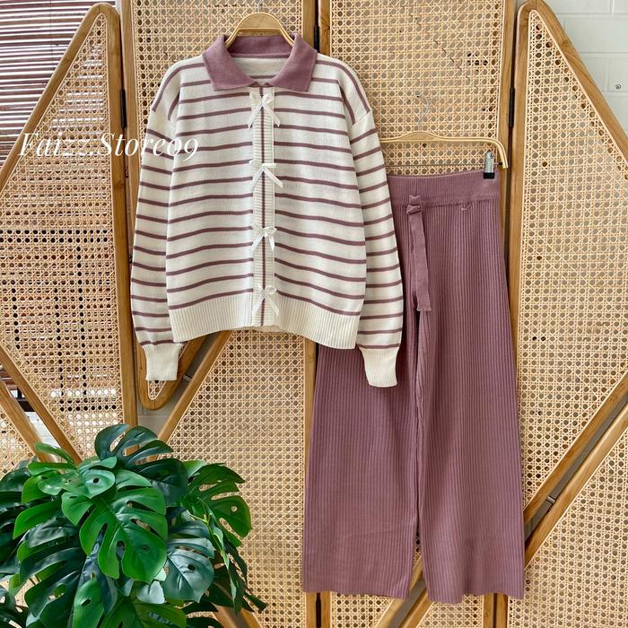 Oneset Abel Sweater Rajut Motif Pita Stripe Setelan Celana Kulot Wanita Premium Lengan Panjang Kekin