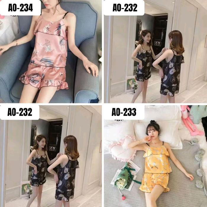 Paket usaha 100rb dapet 3 Piyama Sleepwear Wanita Satin Import Celana Pendek /Setelan Wanita Baju Ti