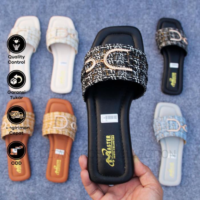 Master Shoes | Sandal Wanita Pesta Kasual Kekinian Flat Teplek Slop Kokop Canvas Kobe Strap Dasi Tal