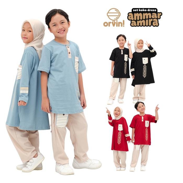 Orvin Kids Ammar Amira Setelan Koko & Dress Couple Casual Muslim Anak Laki-laki & Perempuan