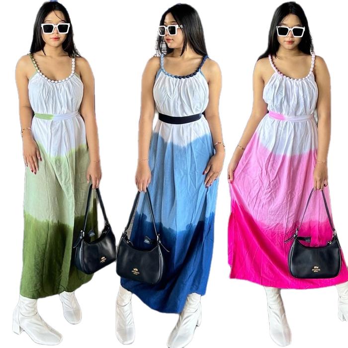HOKI Dress Jumbo Tali  Rainbow Kombinasi Lobek Panjang Wanita Midi Formal Natal Maxi Mewah Remaja - 