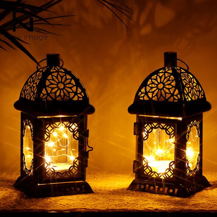 Tempat Lilin Antik Lentera Retro Logam Lentera Menggantung Baterai