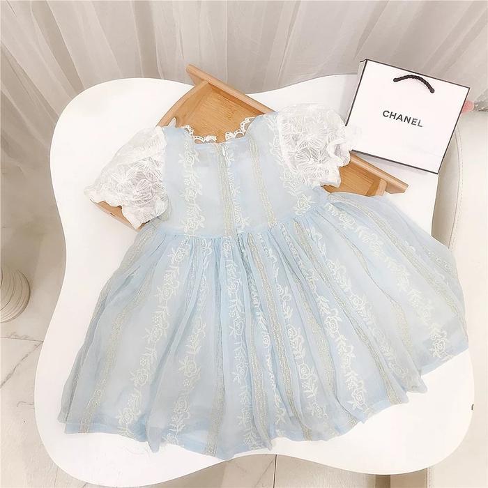 Dress Noni Ue Ala Putri Kerajaan | Gaun Biru Muda Kombinasi Putih Brukat | Style Anak Perempuan Angg