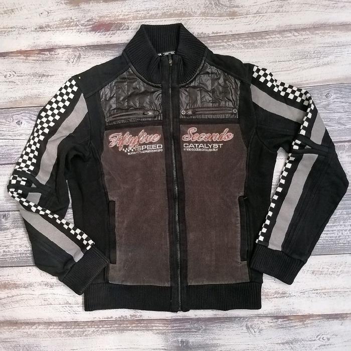 Jaket Vintage ExR non hoodie Zipper Tapped racing unisex hitam logo tengah dengan desain kotak-kotak