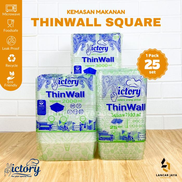 ORIGINAL [25 PCS] Thinw Square Victory 1000ml 1500ml 2000ml 3000ml Kotak Makan Wadah Plastik Persegi