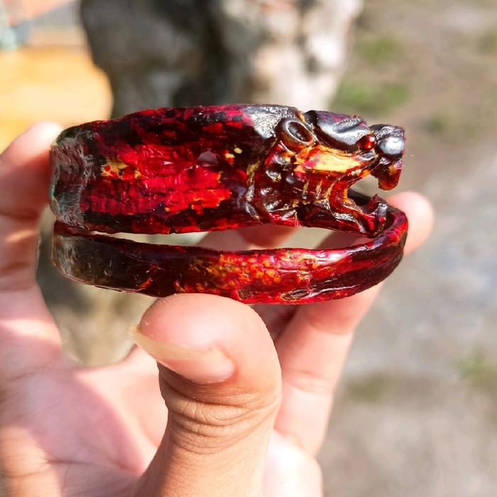 Gelang Akar Bahar Merah Ukir Macan Maung Asli