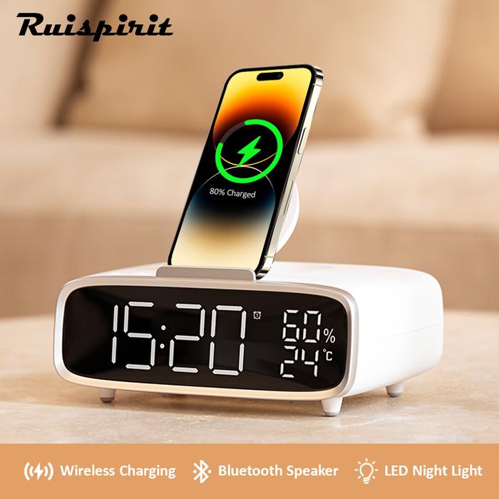 Bedside Qi Wireless Charger Alarm Clock Large LED Display Dimmer