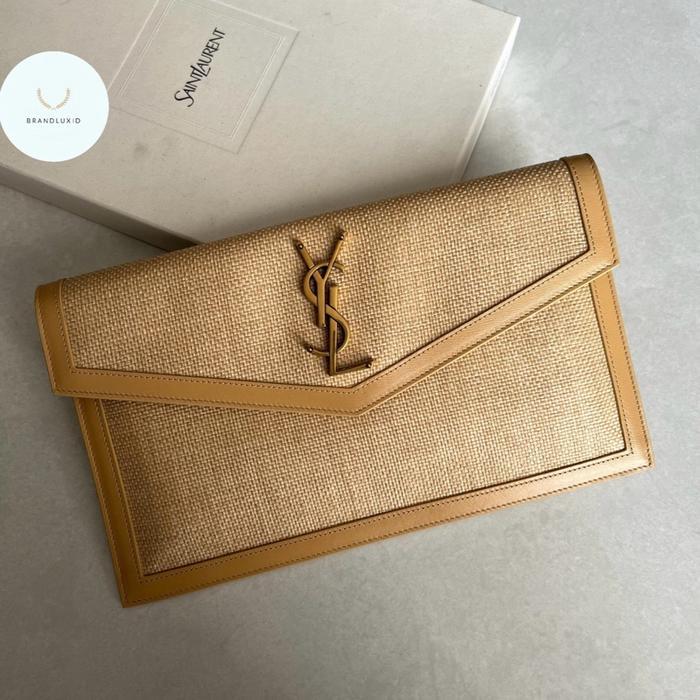 YSL uptown small envelope clutch in micro raffia