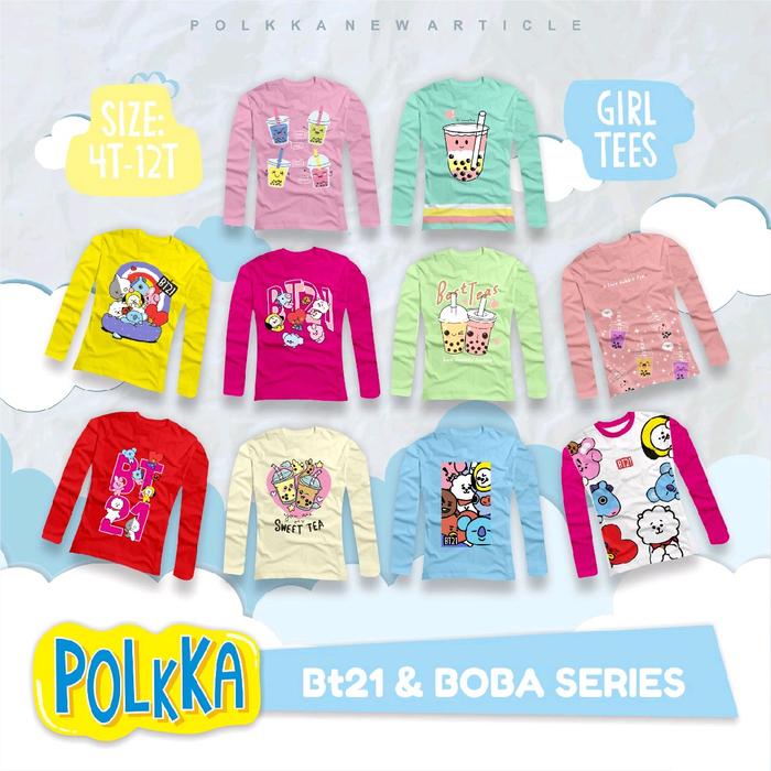 NEW STYLE masuk lagi *LONGSLEEVE GIRL (SERIES BT21 DAN BOBA) SIZE 4-12T POLKA PREMIUM* . Detail : Sz