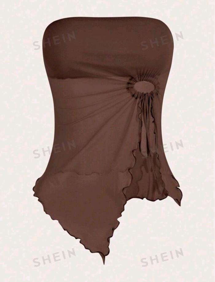 SHEIN Coffee Brown ICON Solid Drawstring Mesh Tbe Top Atasan Wanita Tank Top