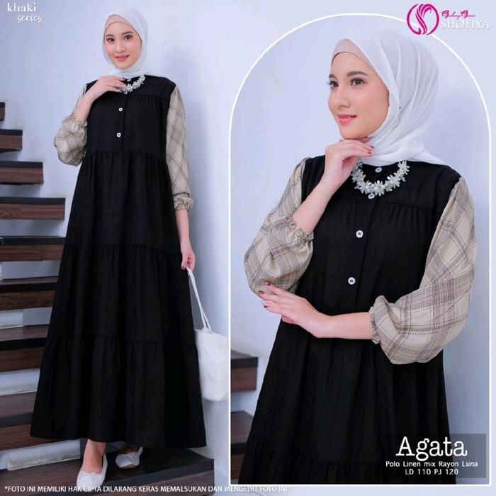 AGATA MIDI By Shofiya LD 110 Cantik Casual Dress Kancing Kotak Linen Muslim Rayon Wanita Gamis