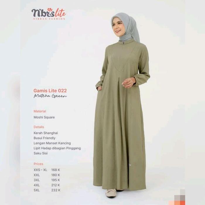 Gamis Nibras Terbaru Lite 022 Warna Hijau Matcha Green Polos Bahan Lembut Ringan Jatuh Dress Muslima