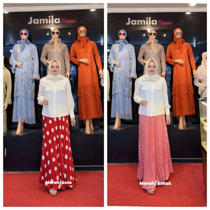 Jamila Store Baju Muslimah Wanita Merah Bola & Merah Kotak Desain Elegan & Modern