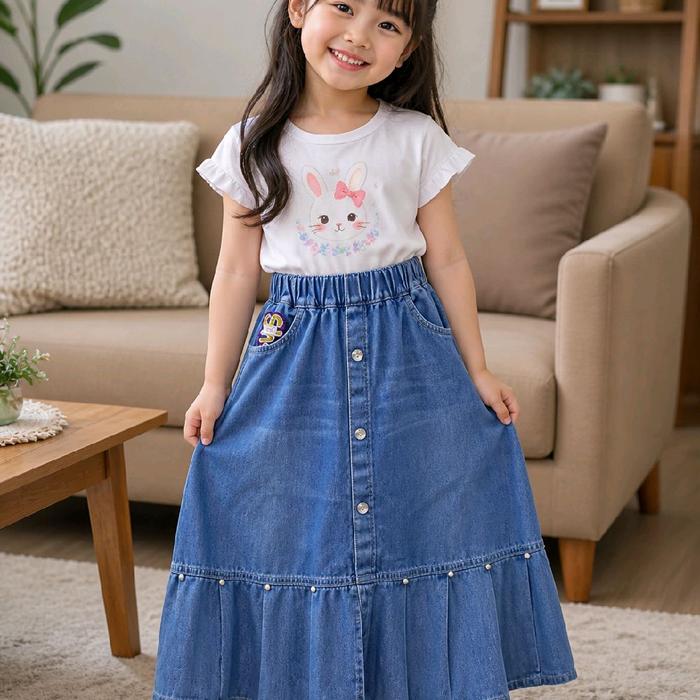 Rok Panjang Anak Perempuan Jeans Rempel Kancing Depan Casual Lucu Fashion Kids Usia 2–12 Tahun