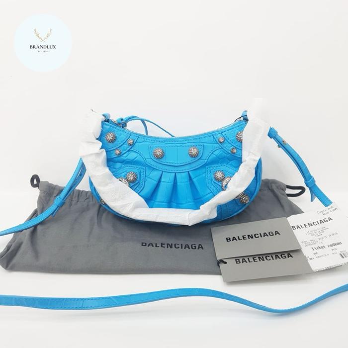 BALENCIAGA LE CAGOLE MINI CROCO BLUE CYAN SWAROVSKI HARDWARE