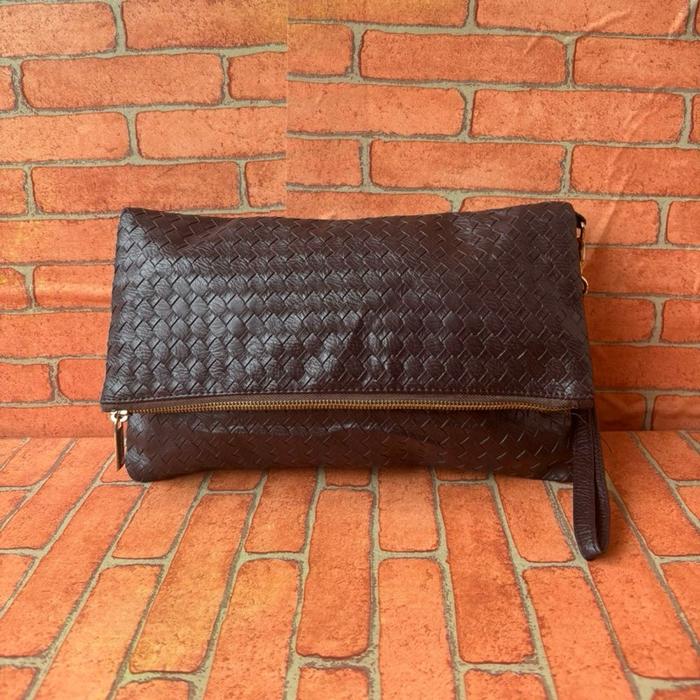 TAS HANDBAG KULIT PRIA WANITA MODEL TIKAR SECOND BRANDED COKLAT / TAS CLUTCH KULIT PRIA WANITA