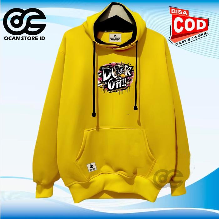 Jaket Hoodie Cewek Cowok Warna Kuning Kenari Motif Sablon Duck off Bahan Katun Flecee Brand Lokal Ko