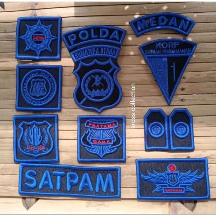 atribut satpam serba biru, logo satpam satu warna, atribut satpam timbul satu warna,