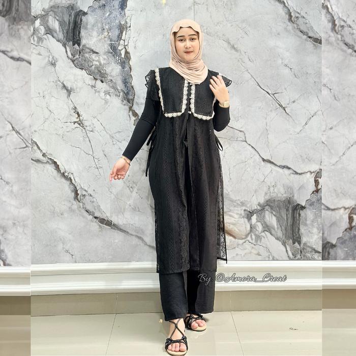 one Set cardigan + Celana 2in1 - Setelan Wanita -set brokat-set kondangan Atasan Muslim Panjang Tile