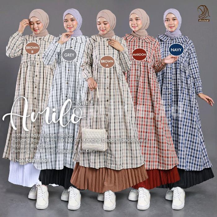 AMILO SET #1, #2, #3, #4 & #5 - SETELAN WANITA TUNIK KOTAK KOTAK KATUN HARUKA PLUS ROK PLISKET BY AN