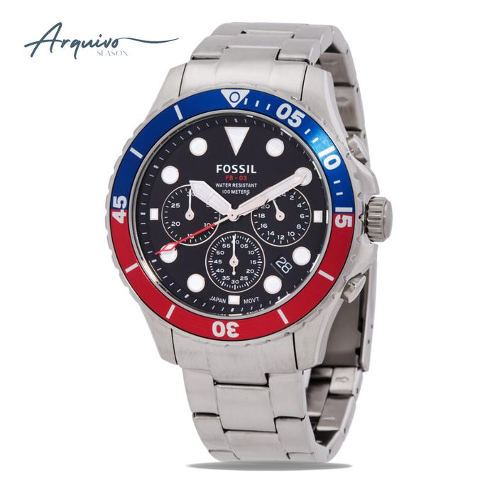 Jam Tangan Pria Fossil FB-03 Chronograph Men Black Dial Silver Stainless Steel Strap Mewah Sporty Or