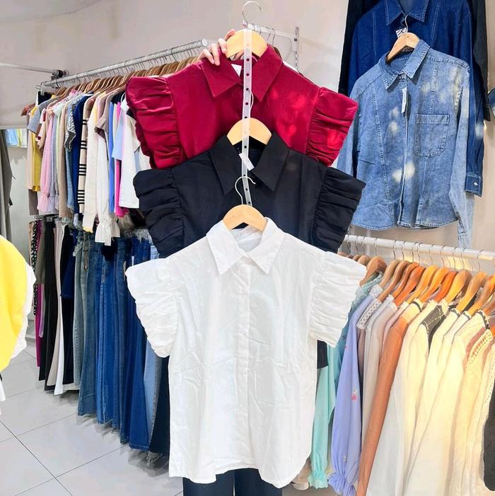 Queenstreet AT497 Queenstreet Ruffle Baloon Sleeve Blouse Top Shirt Atasan Kemeja Wanita Berkerah Re