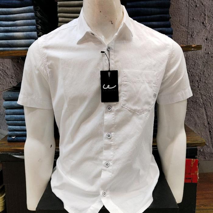 KEMEJA PRIA WATCHOUT JEANS SLIM WARNA PUTIH LENGAN PENDEK KUALITAS PREMIUM