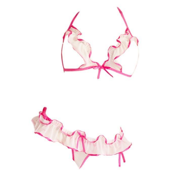 B355 Bra Set Bralette Sexy Lingerie Wanita Seksi BH Halter CD Putih Tali Pink Magenta