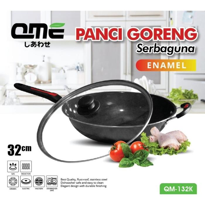 [Wajan Panci Goreng Serbaguna Qme] Enamel Serbaguna + Tutup Kaca 32Cm Gagang Pegangan Fre