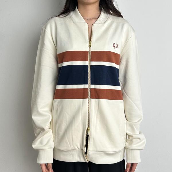 Jaket FRED PERRY STRIPE CENTER BROWN NAVY IVORY WHITE ZIP TRACK JACKET 100% ORIGINAL
