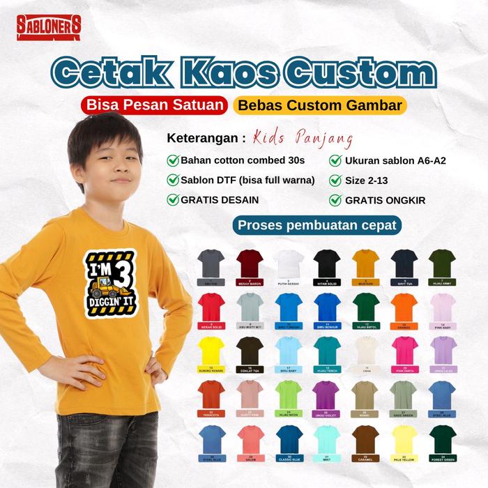 Kaos Panjang Sablon Kaos Anak Satuan Custom Nama Foto DTF Full Colour Murah Cotton Combed 30s Premiu