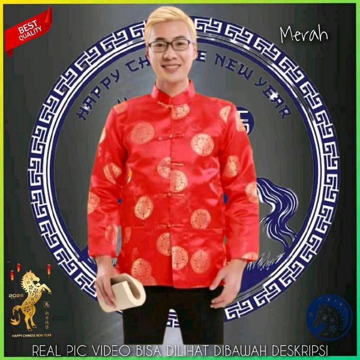 TM01045 Baju Cheongsam Atasan Imlek Pria Kemeja Cina Tradisional Hem Yin Li Laki Laki Qipao Gold