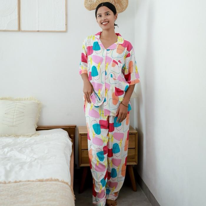 Piyama Rayon Dingin AIRism Baju Pendek Celana Panjang Short Sleeve Long Pant Wanita Tidur Motif Katu