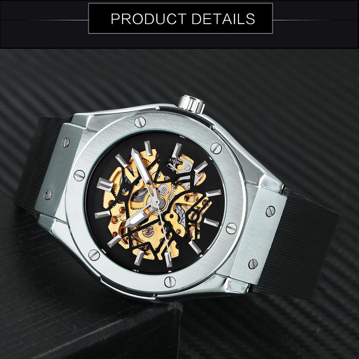 WINNER Automatic Mechanical Watch for Men Rubber Strap Skeleton Dial Male Clock Military Sports Styl