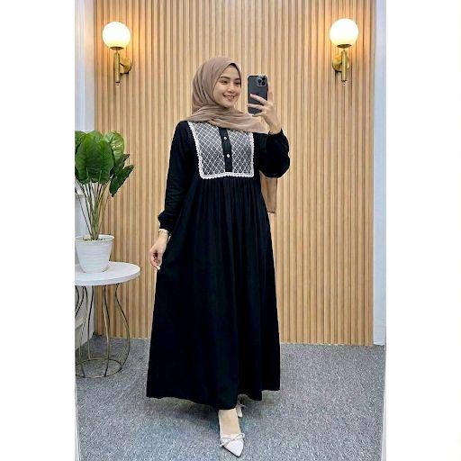 Brukat Dress Gamis Hitam Elegan dengan Renda Putih untuk Tampilan Mewah dan Modis