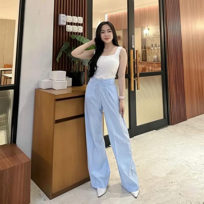 Kulot Wispie Wanita City Pants Higwaish Kulot Garis Garis Wanita City Pants Resleting Depan