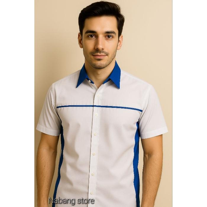 ready... Kemeja Seragam Kerja Putih Kmb Hijau, Putih Oren, Putih Biru Tangan Pendek Drill DV-02