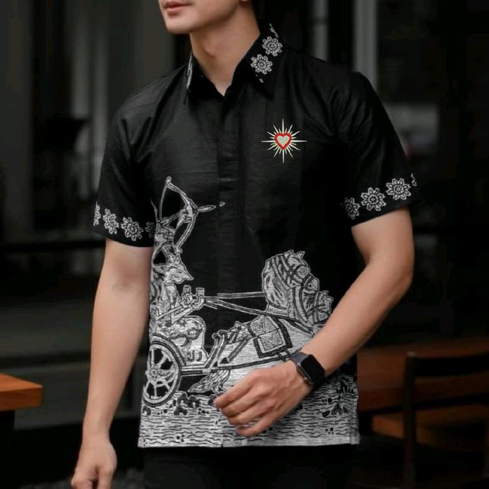 HEM BATIK PSHT BORDIR KOMPUTER MOTIF WAYANG KEREN Katun Pria Pendek Baju Distro Hitam