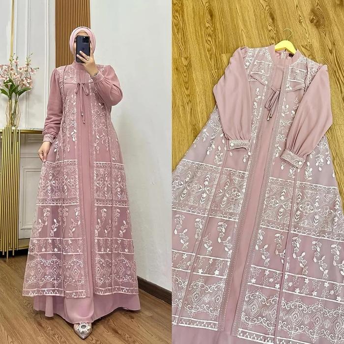 Baju Gamis Pesta salvina Dress Brukat Dua Layer Bahan ceruty babydoll mix Brokat Kondangan Lebaran D