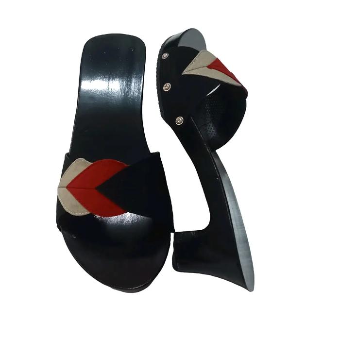 Sandal Hak Tahu 5 cm Polos Selop Daun Bahan Kayu Mahoni Upper Kain Tessa Model Tinggi - Wanita