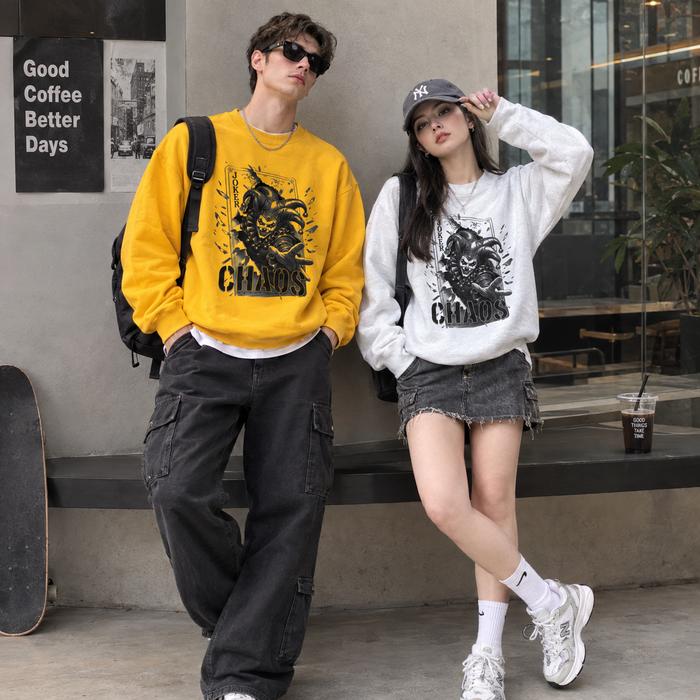 Sweater Pria Wanita Unisex Crewneck Baby Terry Motif JOKER CHAOS Sablon Plastisol Premium