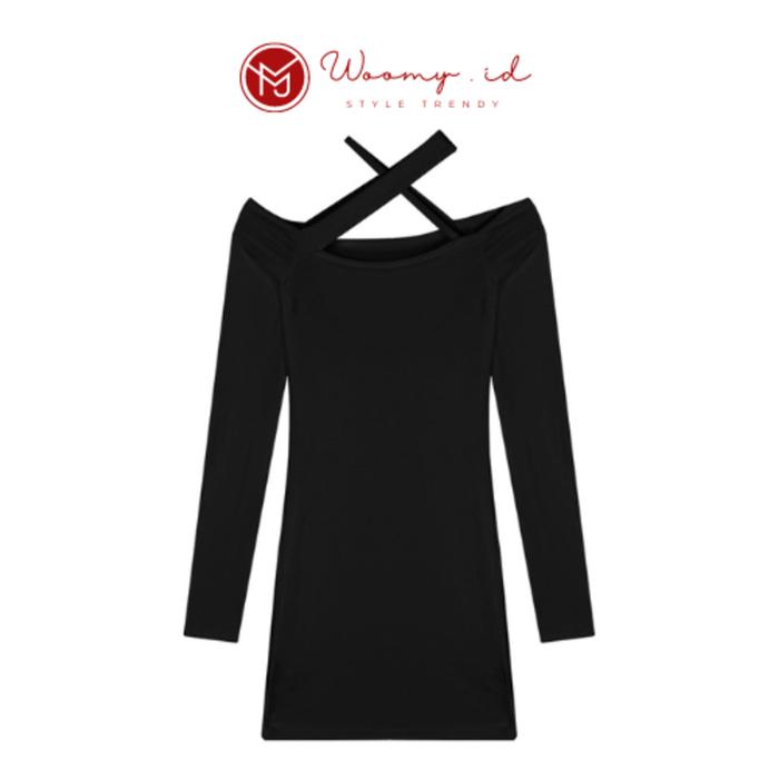 Woomy DR359 Casual Mini Dress Sabrina Knit Dres Wanita Long Sleeve Motif Polos Midi Panjang Hitam Ba