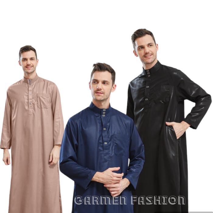 Terbaru Gamis Thobe Dubai Lengan Panjang Polos Kain Katun Poliyester Premium Anti Gerah Jubah Pria M