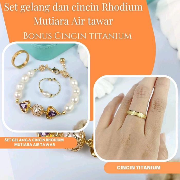 Set Gelang full mutiara mainan kristal love + cincin rhodium mutiara air tawar | Mutiara Lombok As