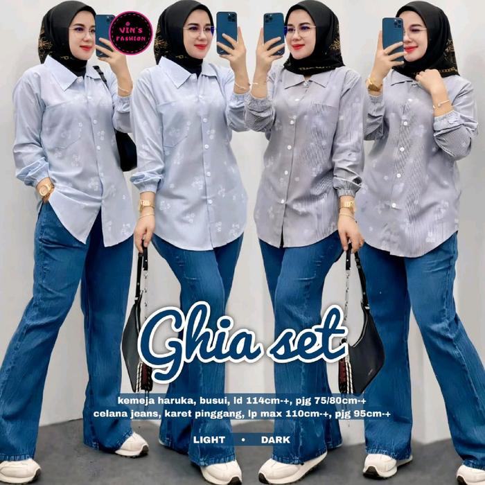GHIA SET Celana Jeans Mix Katun Bordir Kemeja Haruka Busui ID 114cm PJG 75/80cm Celana Jeans Karet P