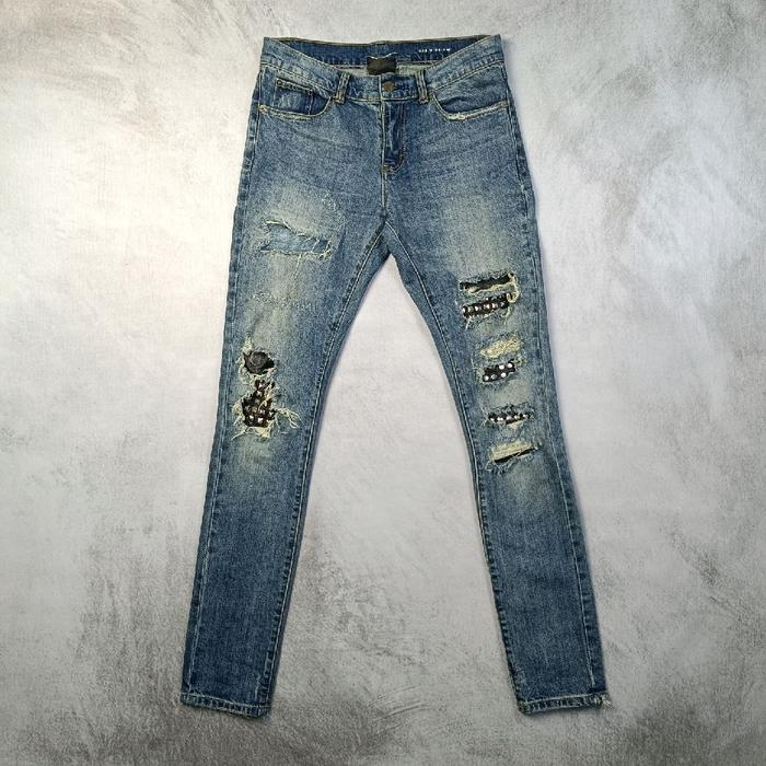 Saint Laurent Hedi Slimane Studded Leather Patch Distressed Skinny Jeans