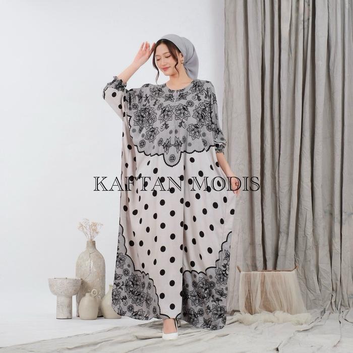 Kaftan AYANA Kaftan Rayon Jumbo Busui Premium dengan Desain Polkadot dan Motif Bunga