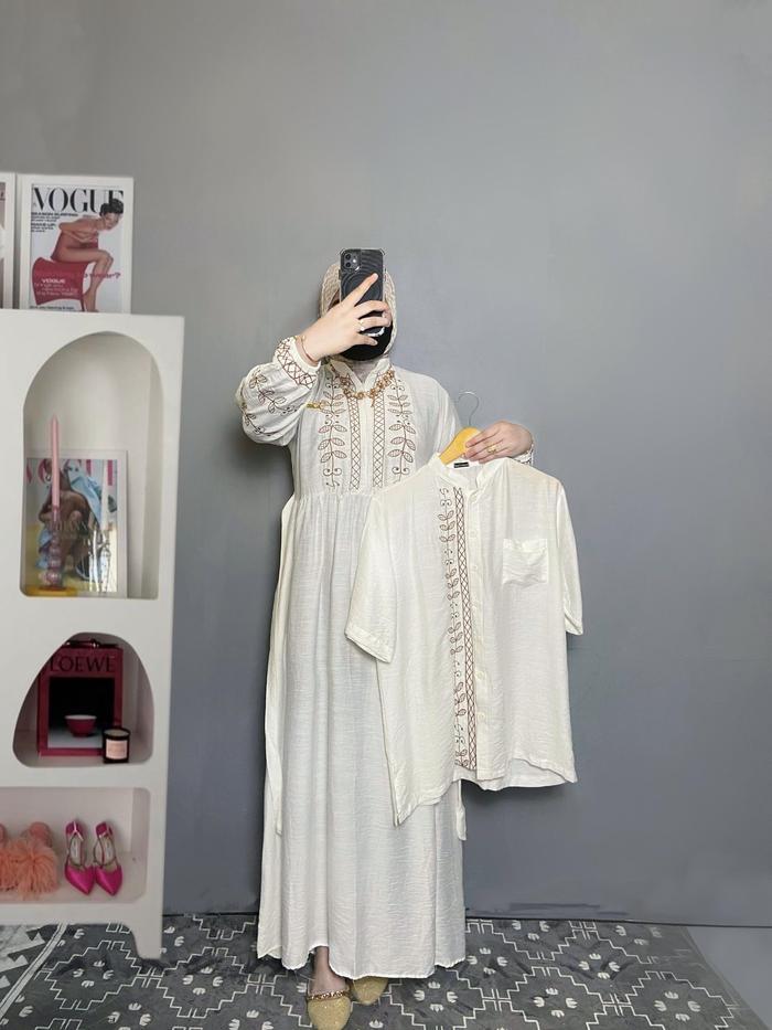 Nazuwa Couple Pasangan Dress Sarimbit Wanita & Pria Bahan Polo Linen Elegan Bordir Indah Baju Muslim
